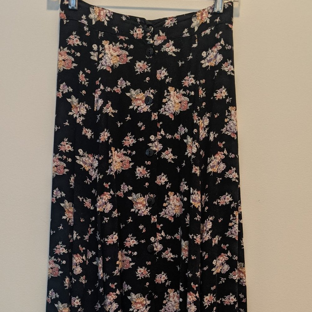 Vintage maxi long floral dark navy button skirt